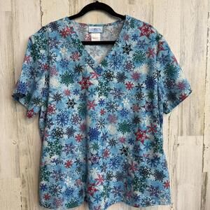 SB Scrubs Women's V-Neck Snowflake Print Medical Scrub Top Size Large Nursing
